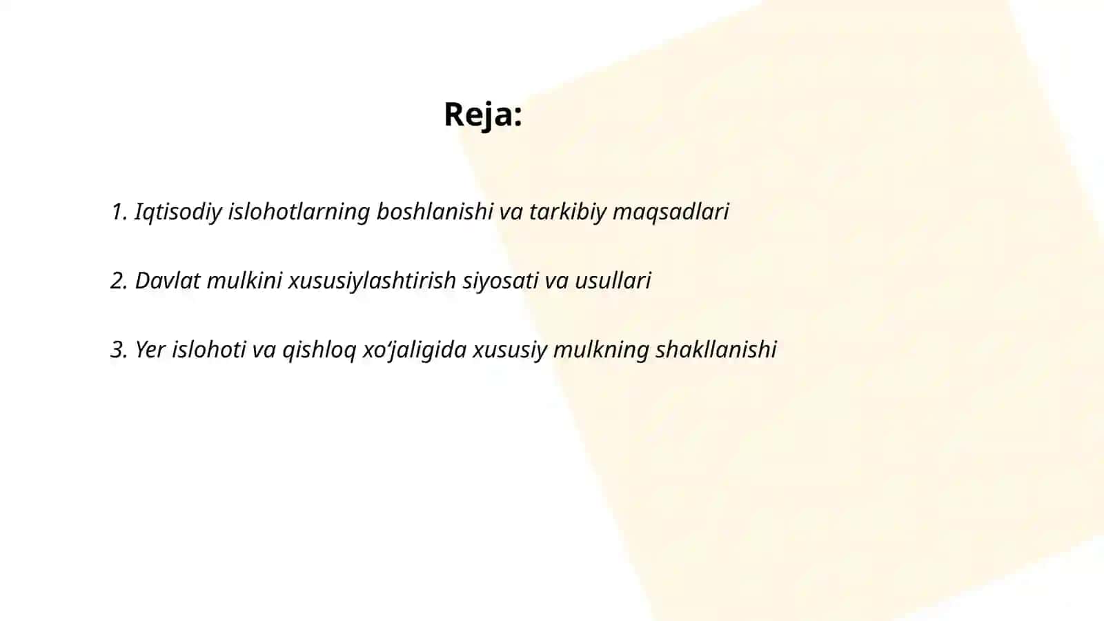 Iqtisodiy islohotlar xususiy mulkchilikning shakllanishi 2