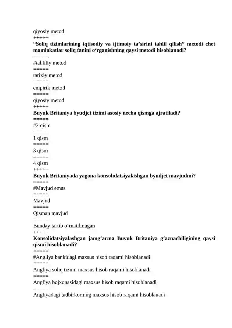 Chet mamlakatlar soliq tizimi fanidan yakuniy test javoblari 2