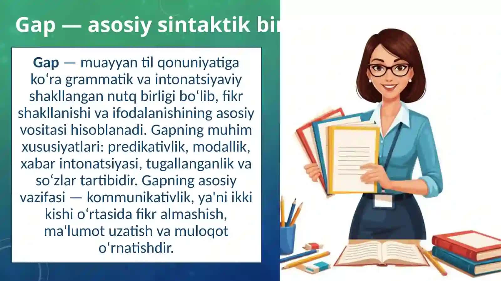 Gapning tuzilish jihatdan turlari: sodda gaplar, qo‘shma gaplar, o‘zga gapli qurilmalar. Bo‘laklargabo‘linadigan va bo‘laklargabo‘linmaydigan sodda gaplar va ularning turlari 2