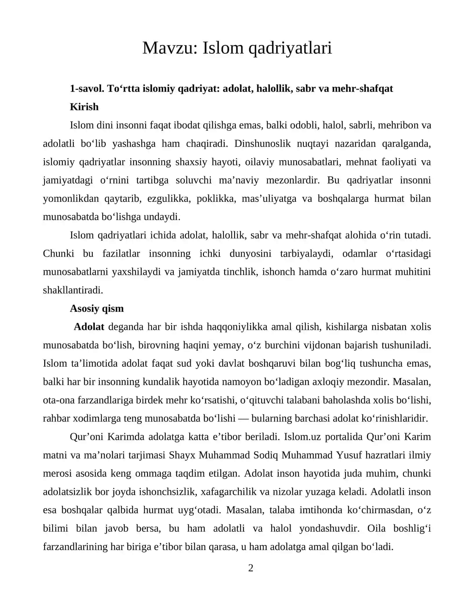 Islom qadriyatlari 2