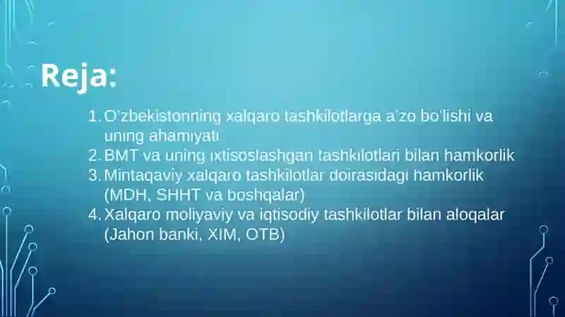 O'zbekistonning xalqaro tashkilotlar bilan hamkorlik aloqalari 2