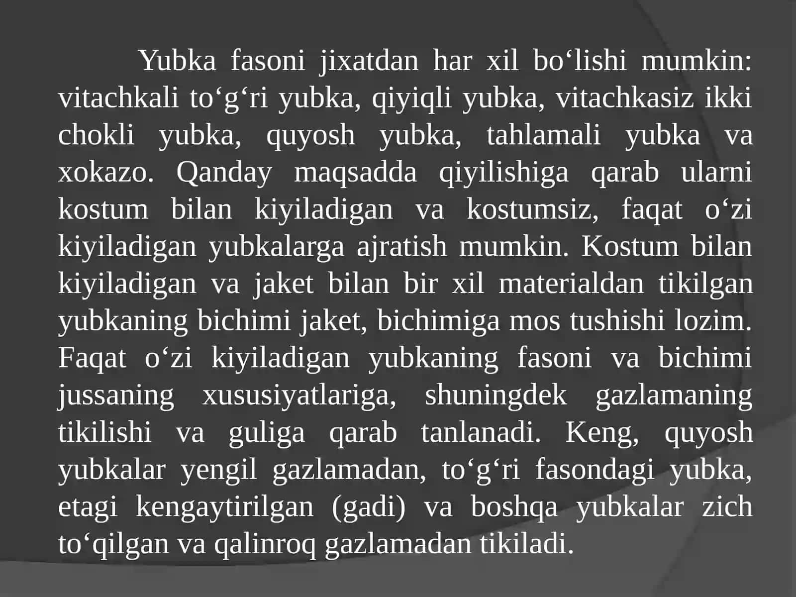 Yubka turlari va ularning chizmasini chizish 2
