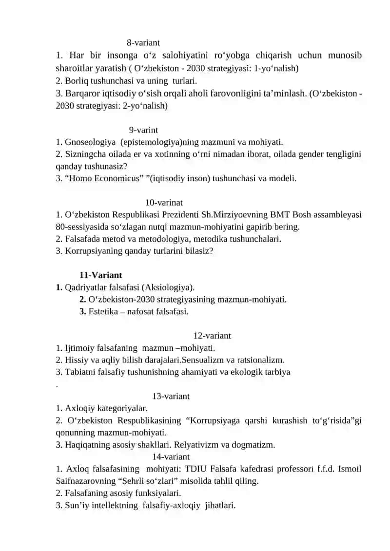 Falsafa fanidan yakuniy nazorat savollari 2