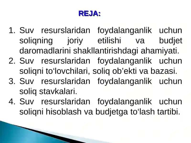 SUV RESURSLARIDAN FOYDALANGANLIK UCHUN SOLIQ 2