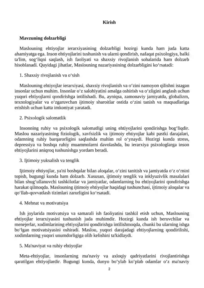 Maslouning Ehtiyojlar Nazariyasi 2