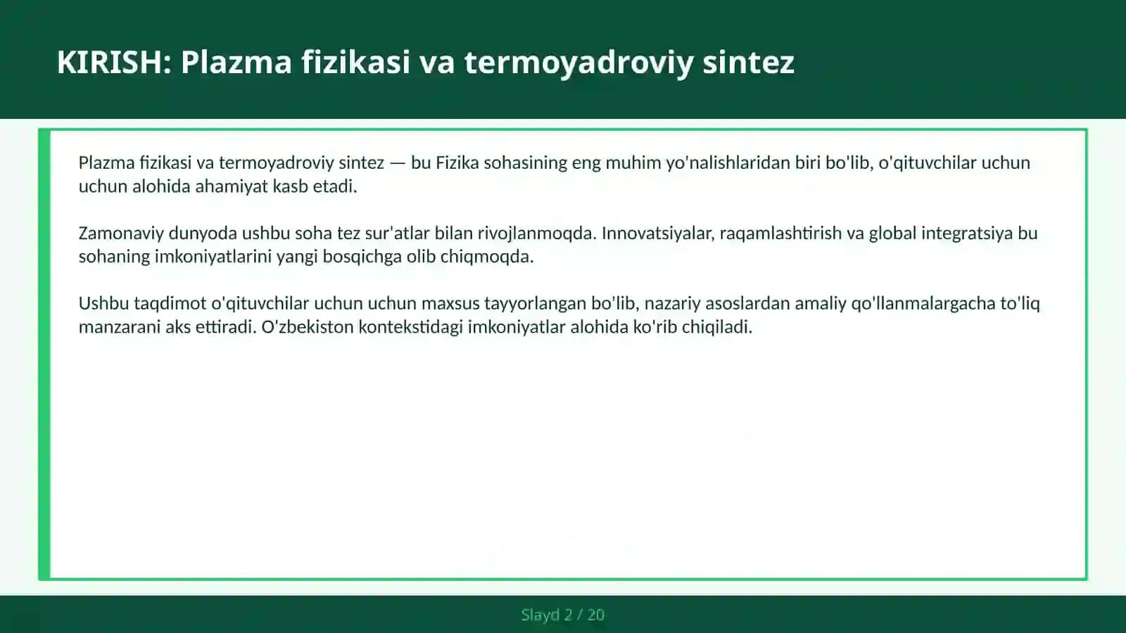 PLAZMA FIZIKASI VA TERMOYADROVIY SINTEZ 2