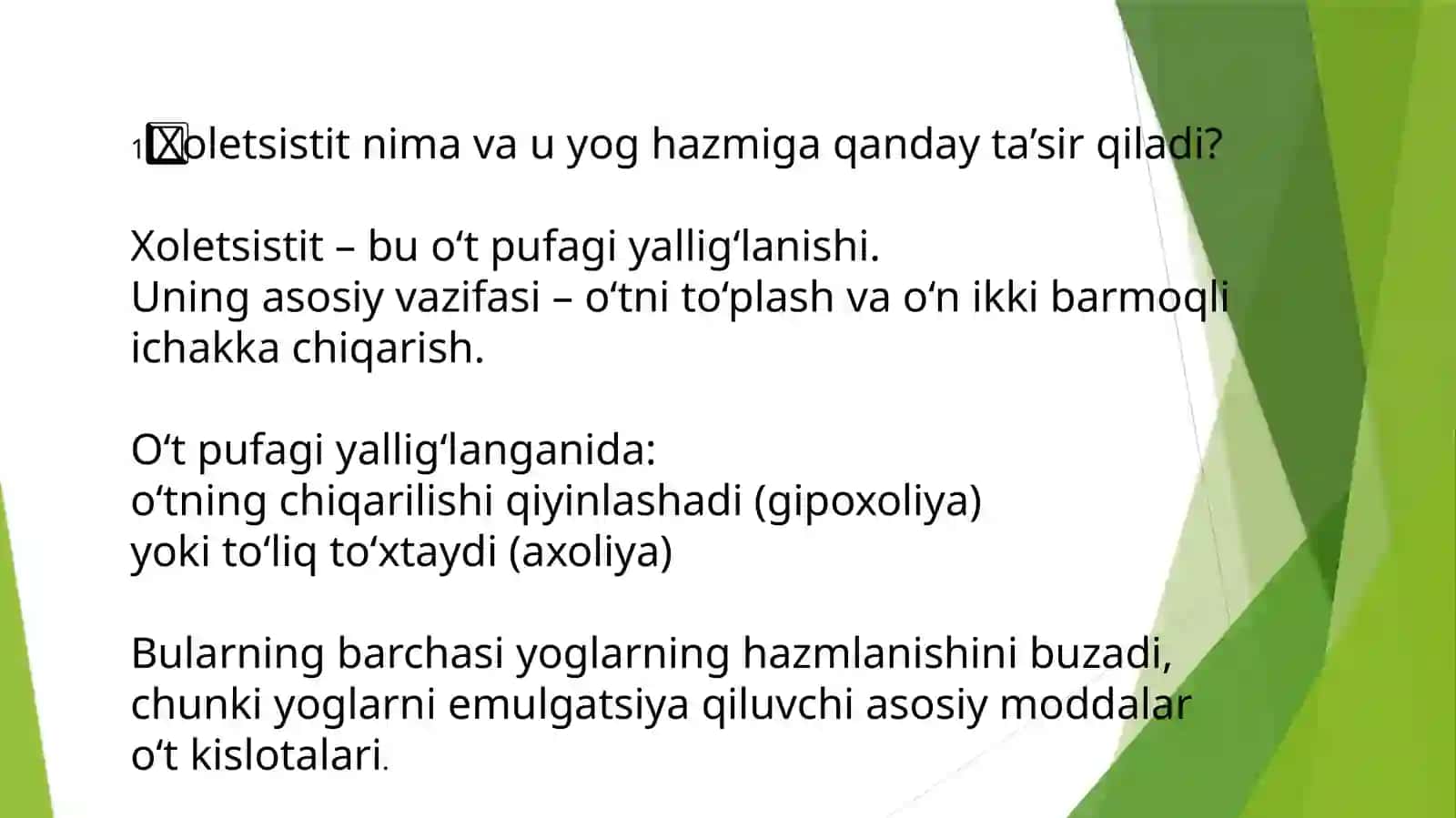 XOLETSISTITDA YOGLAR HAZMLANISHI BUZILISHI: STEATOREYA BIOKIMYOSI 2