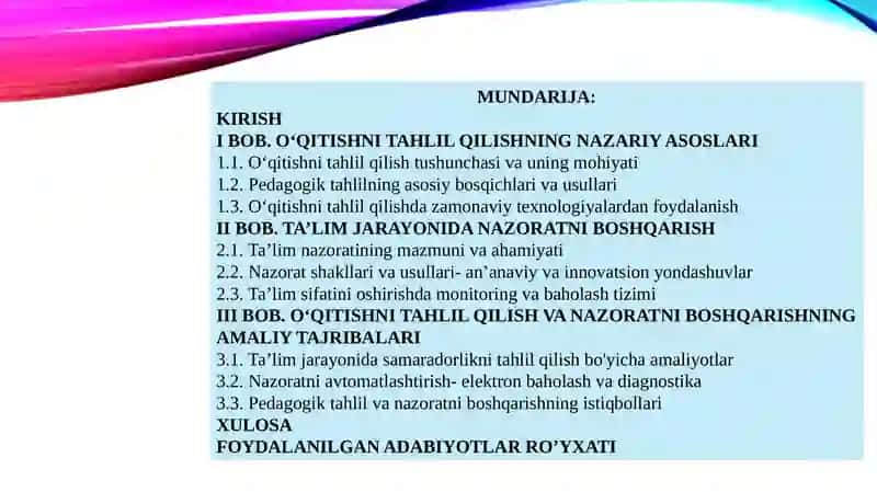 O'QITISHNI TAHLIL QILISH VA TA'LIM NAZORATINI BOSHQARISH 2