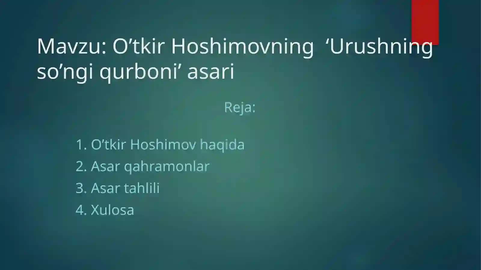 O’TKIR HOSHIMOVNING “URUSHNING SO’NGI QURBONI” ASARI 2