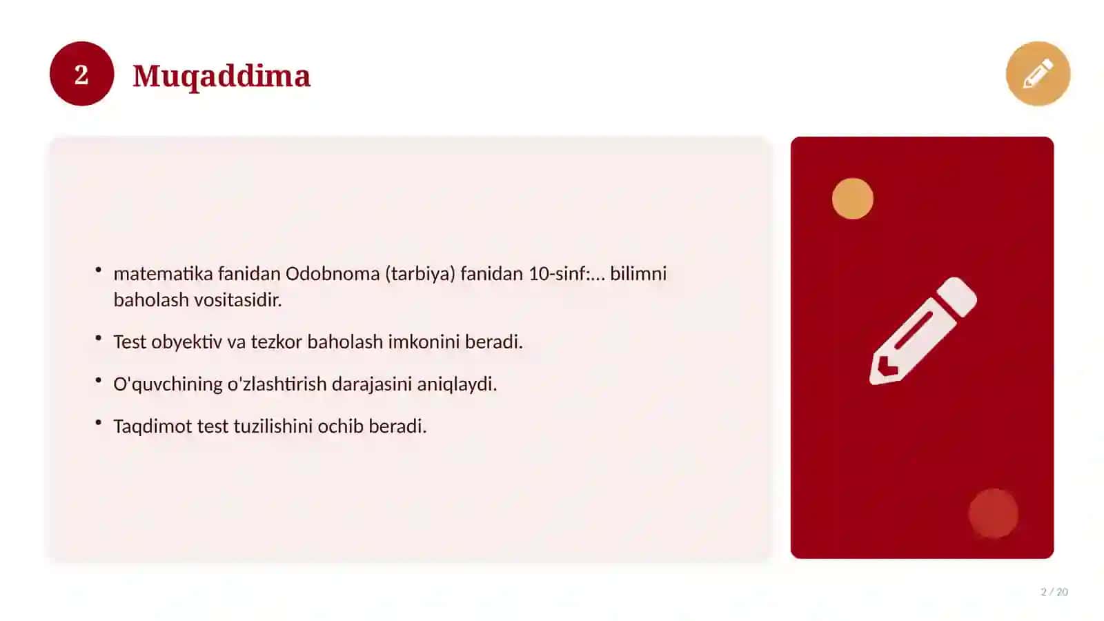 Odobnoma (tarbiya) fanidan 10-sinf: mavzulashtirilgan nazorat ishi 2