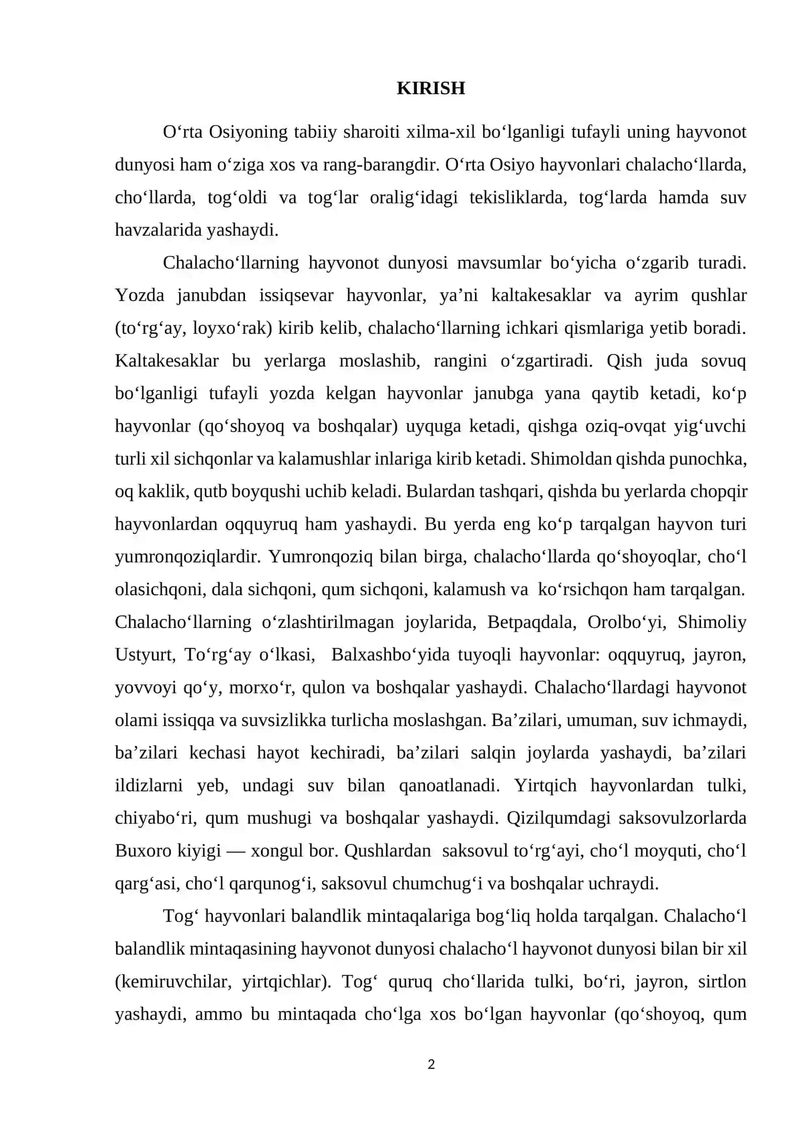 O‘rta Osiyo hududida tarqalgan umurtqali hayvonlar xilma-xilligi 2