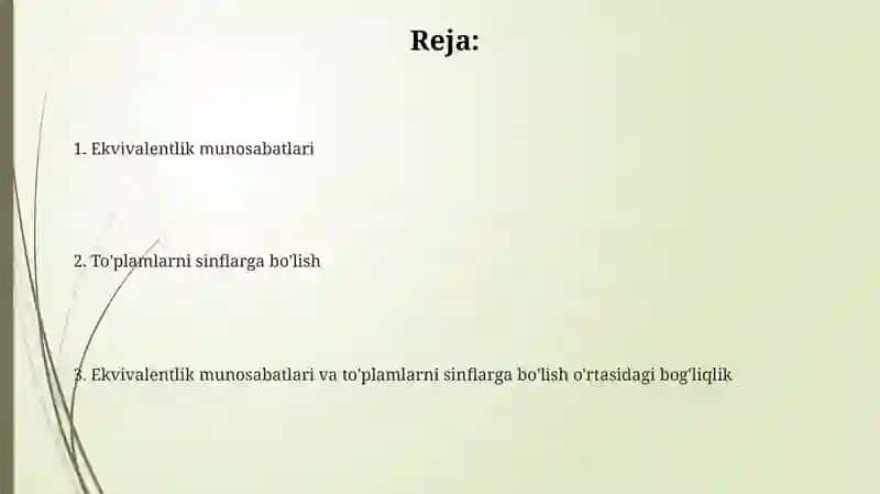Ekvivalentlik munosabatining to'plamlarni sinflarga ajratish bilan aloqasi 2