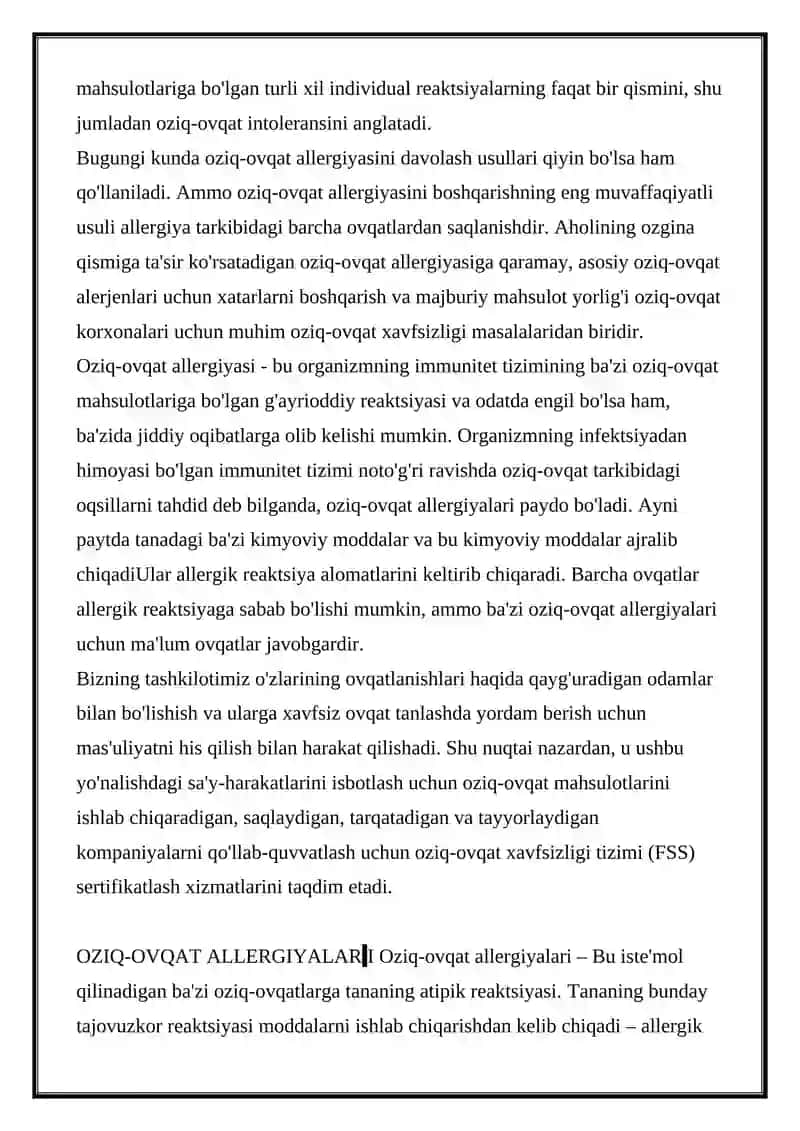 OZIQ OVQAT ALLERGIYASI 2