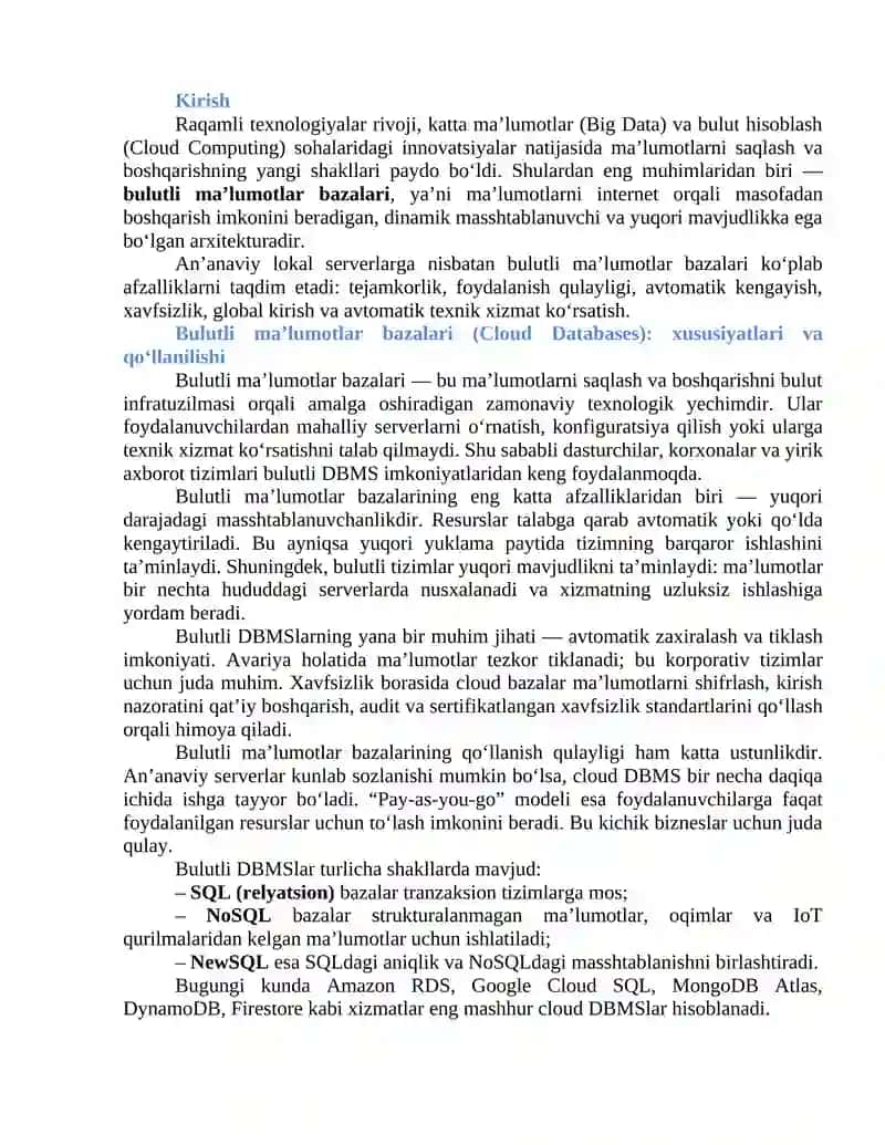 Bulutli ma’lumotlar bazalari (Cloud Databases) 2