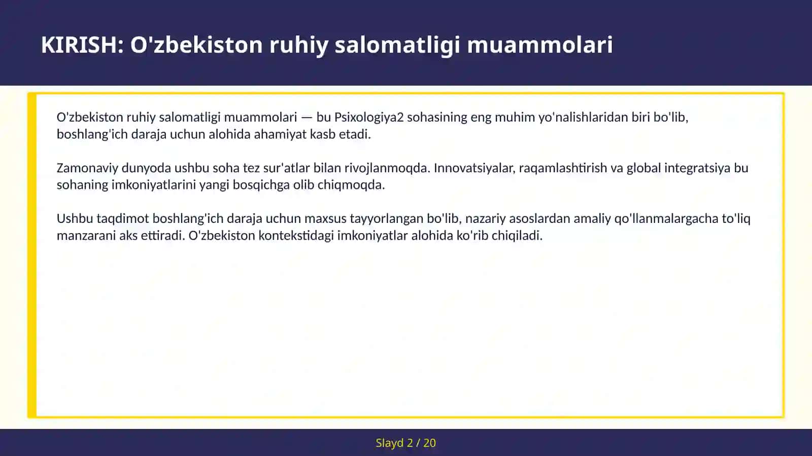 O'ZBEKISTON RUHIY SALOMATLIGI MUAMMOLARI 2