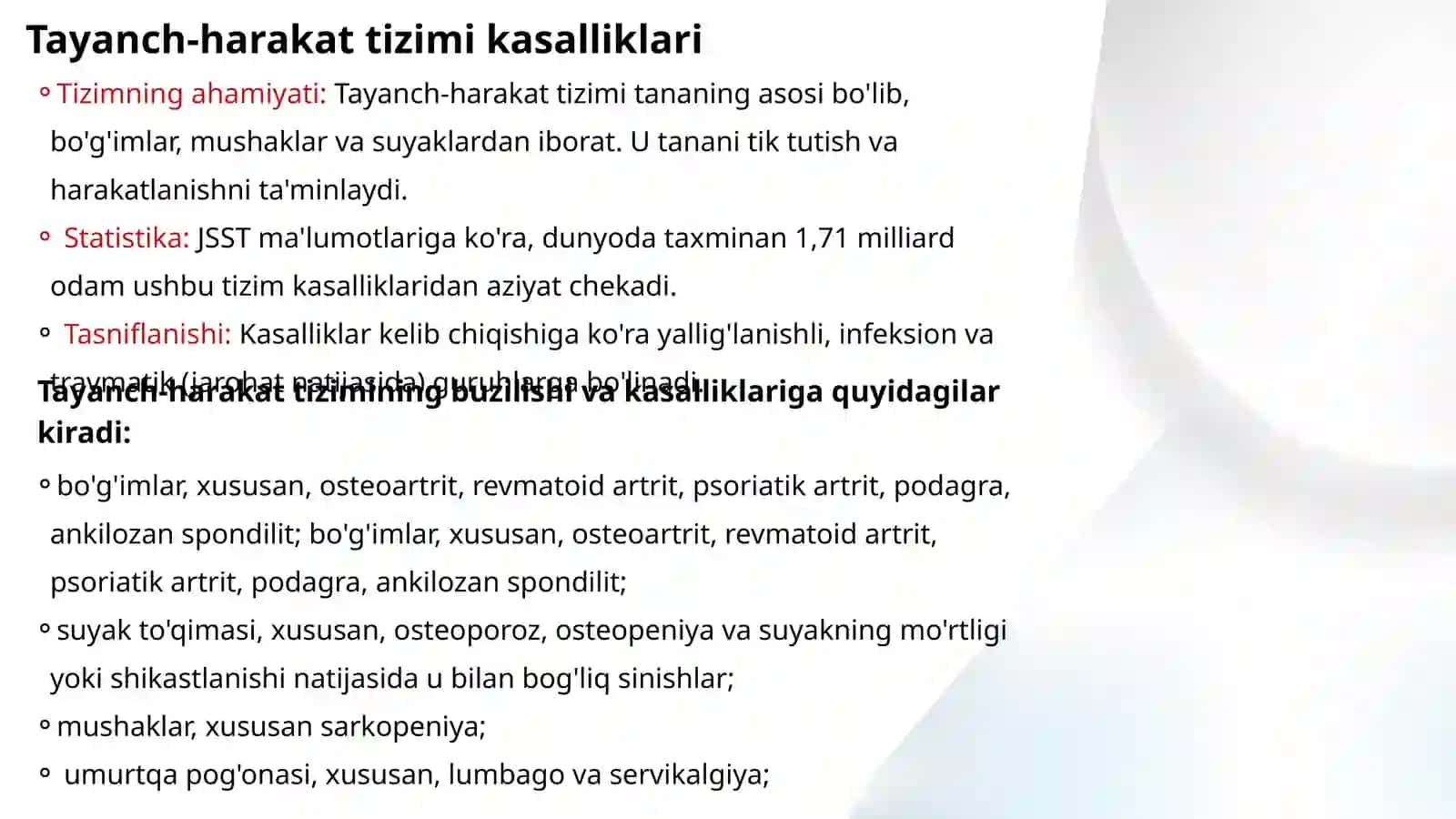 Tayanch harakat asab tizimi kasalliklari oldini olish davolash usullari. 2