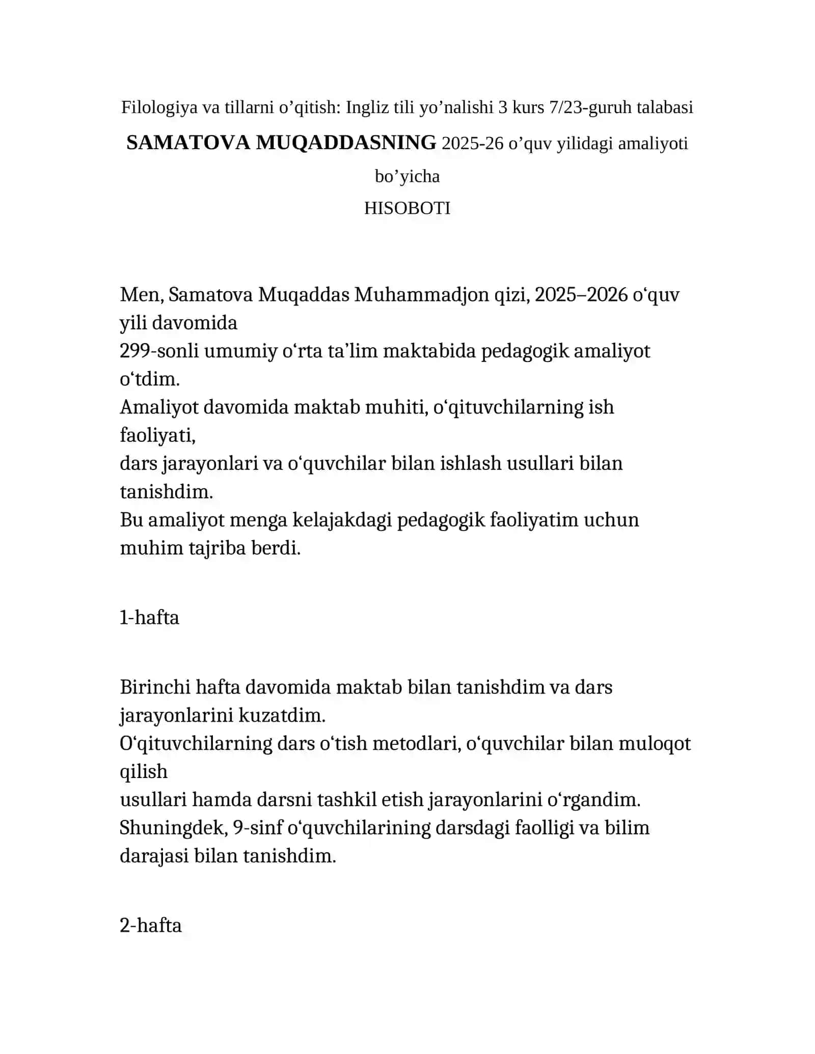 SAMATOVA MUQADDASNING AMALIYOT HISOBOTI 2