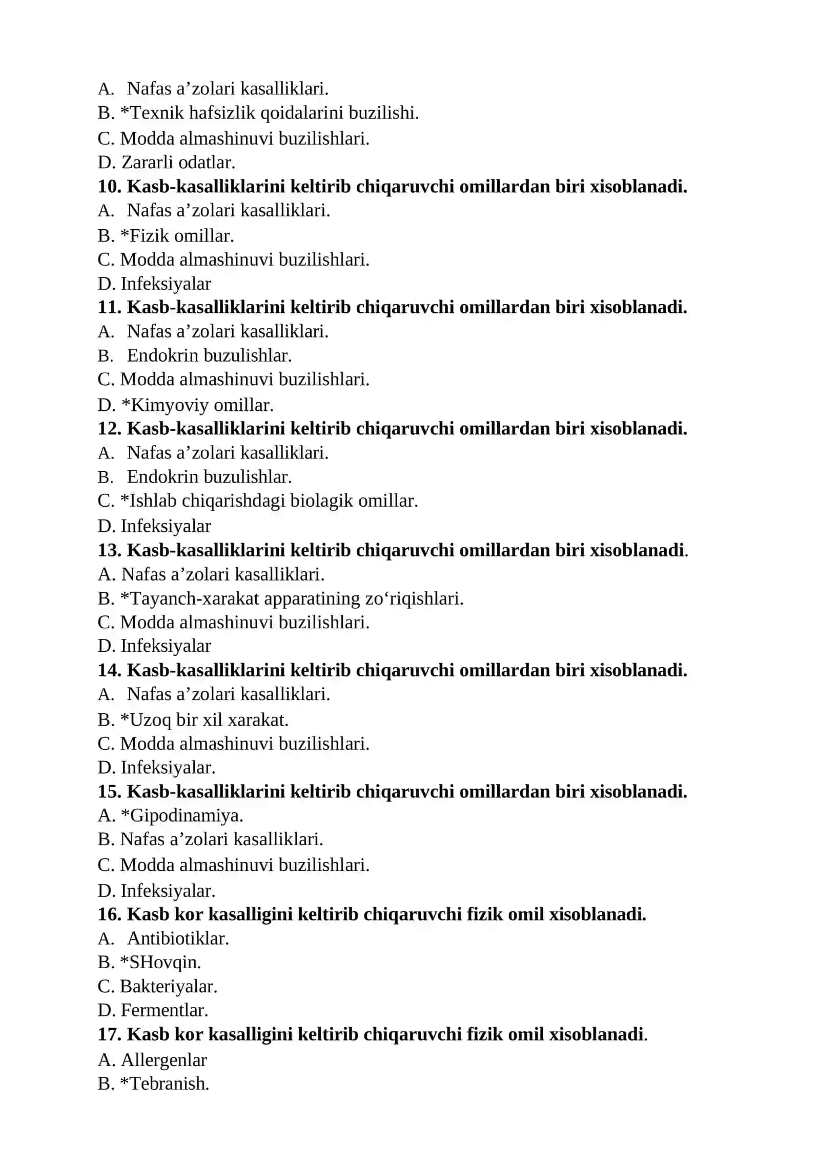 Kasb kasalliklari fanidan testlar to`plami 2