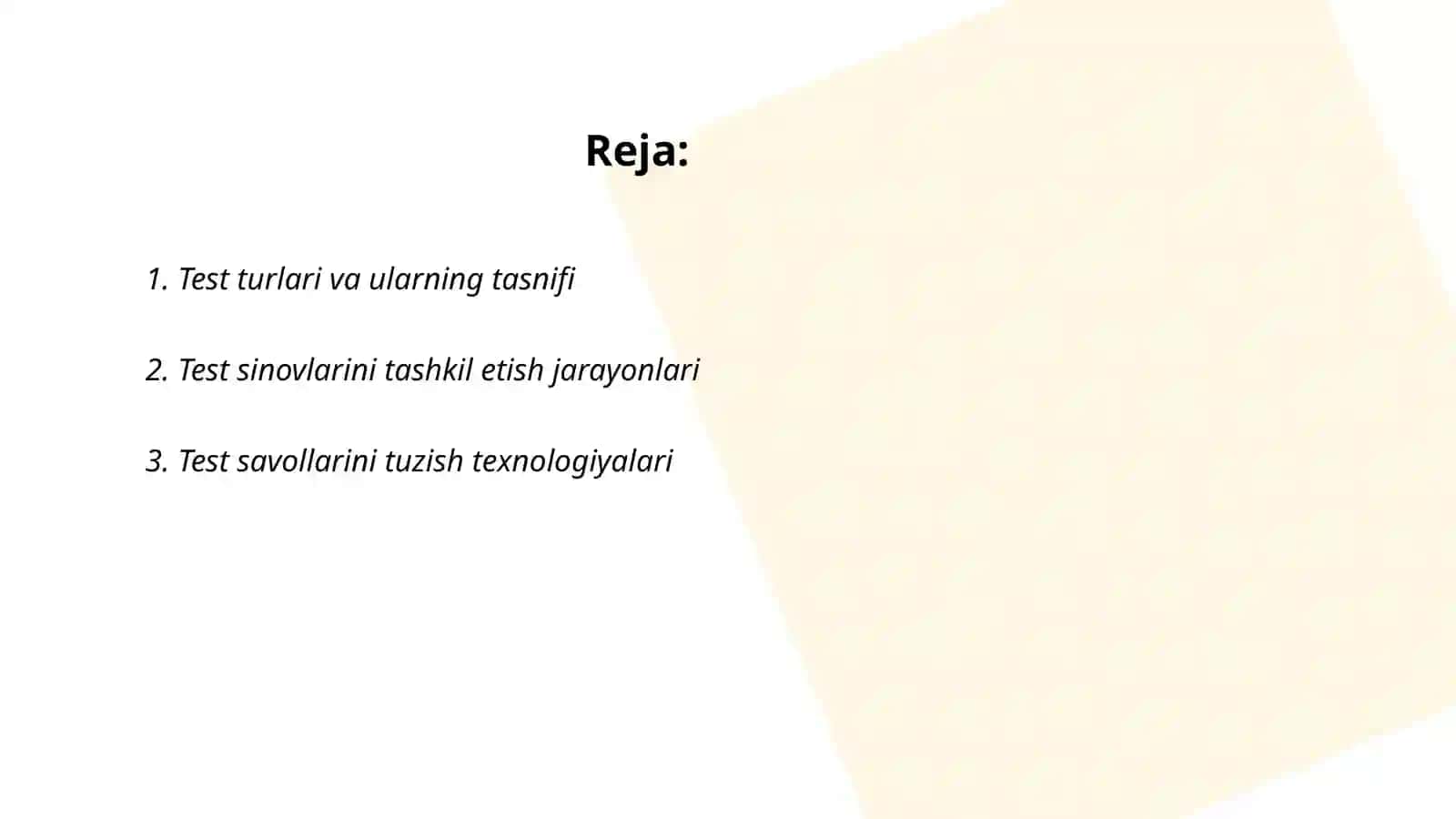 Test, testlarning turlari tashkil etish texnologiyasi 2