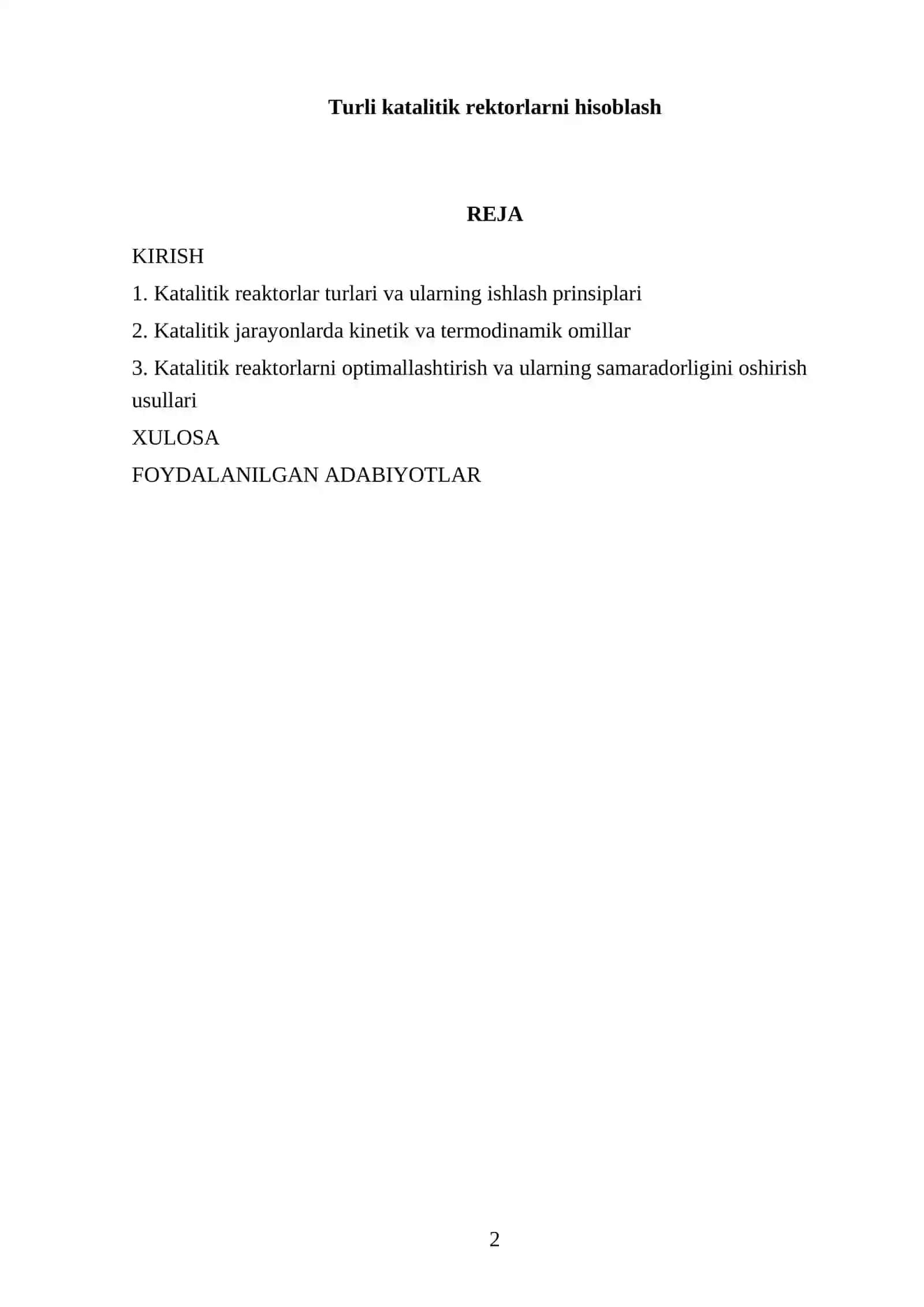 Turli katalitik rektorlarni hisoblash 2