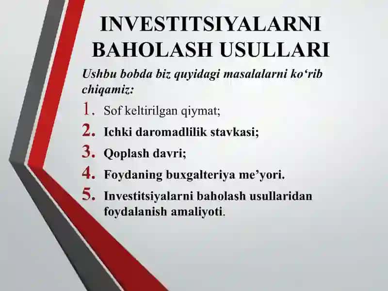 INVESTITSIYALARNI BAHOLASH USULLARI 2