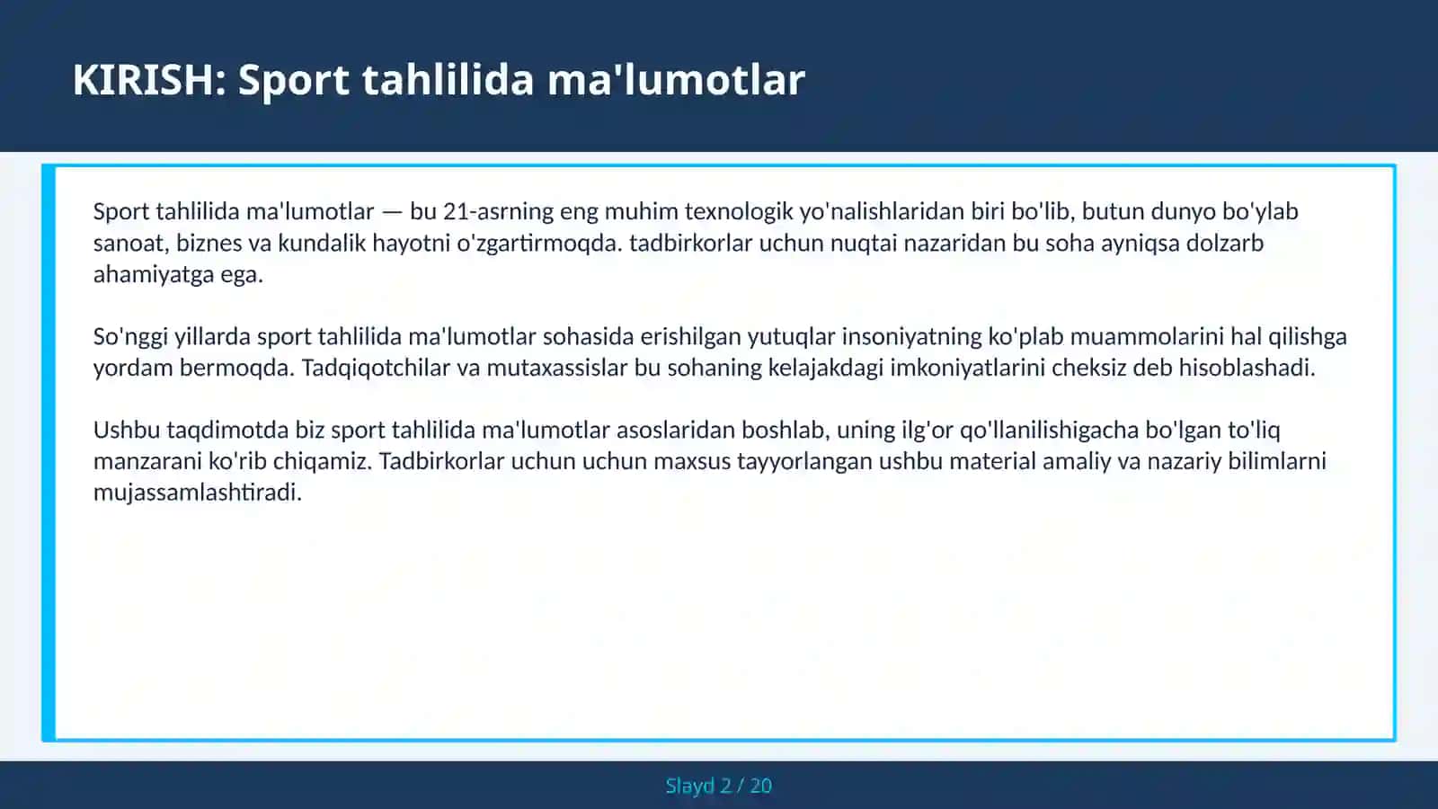 SPORT TAHLILIDA MA'LUMOTLAR 2