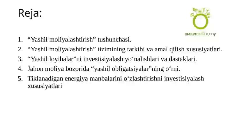 “YASHIL IQTISODIYOT”GA O‘TISH JARAYONINI MOLIYALASHTIRISH 2