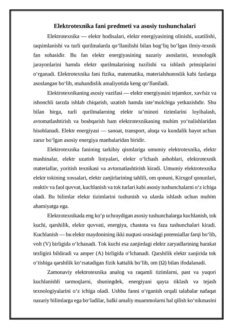 Elektrotexnika fani predmeti va uning bugungi kunda jamiyat hayotidagi o’rni. 2