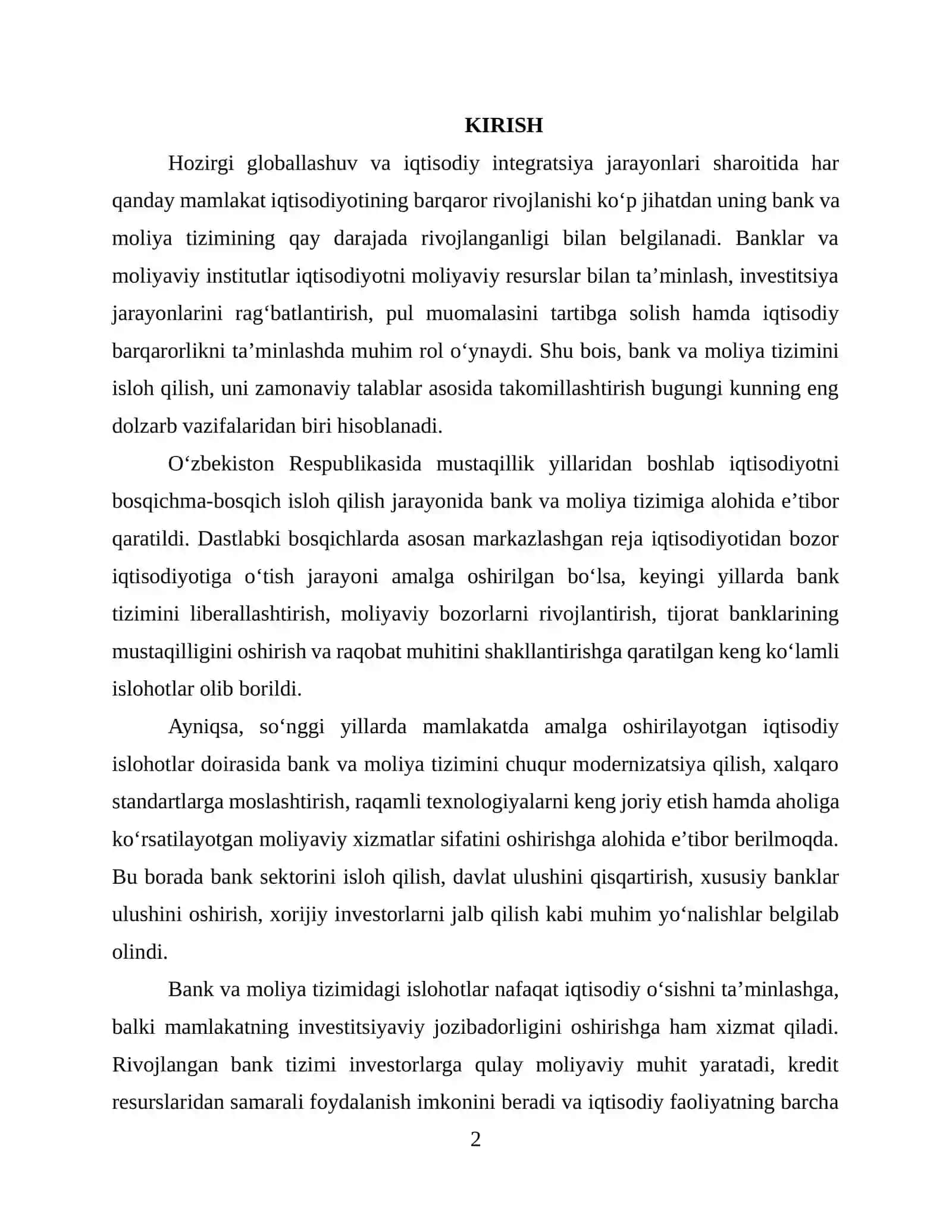 Bank va moliya tizimidagi islohotlar kurs ishi 2