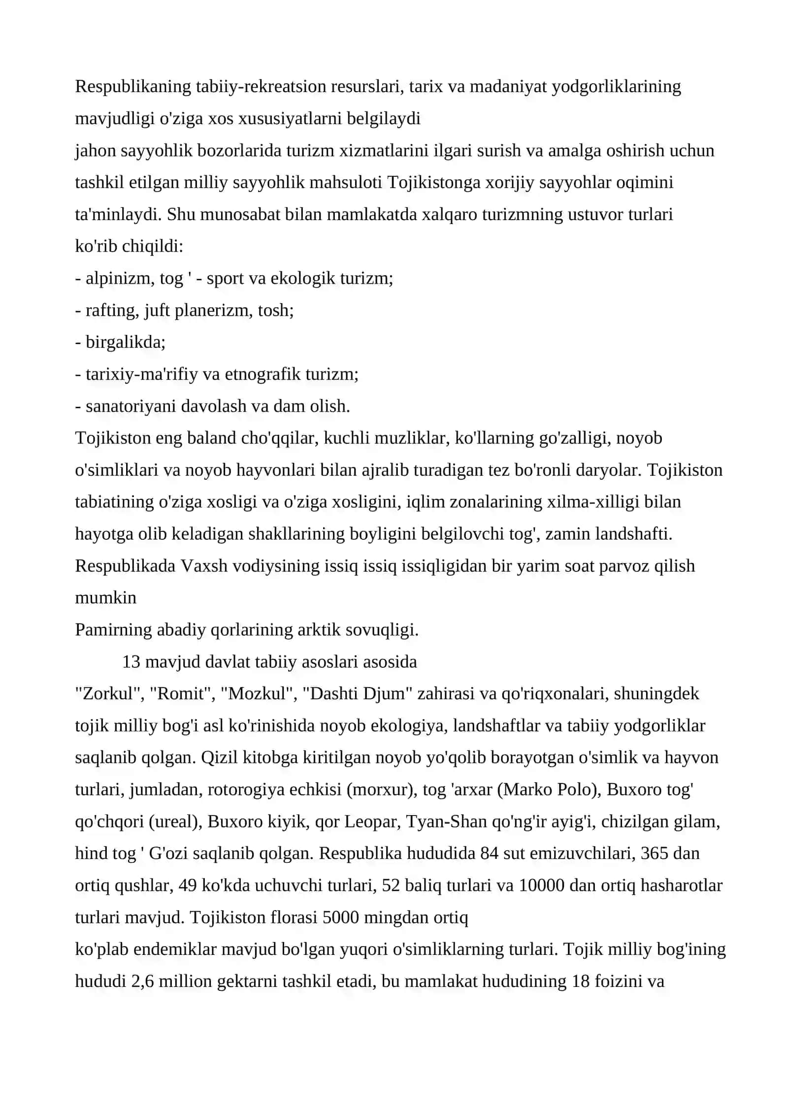 Turizm sohasini rivojlantirish salohiyati 2
