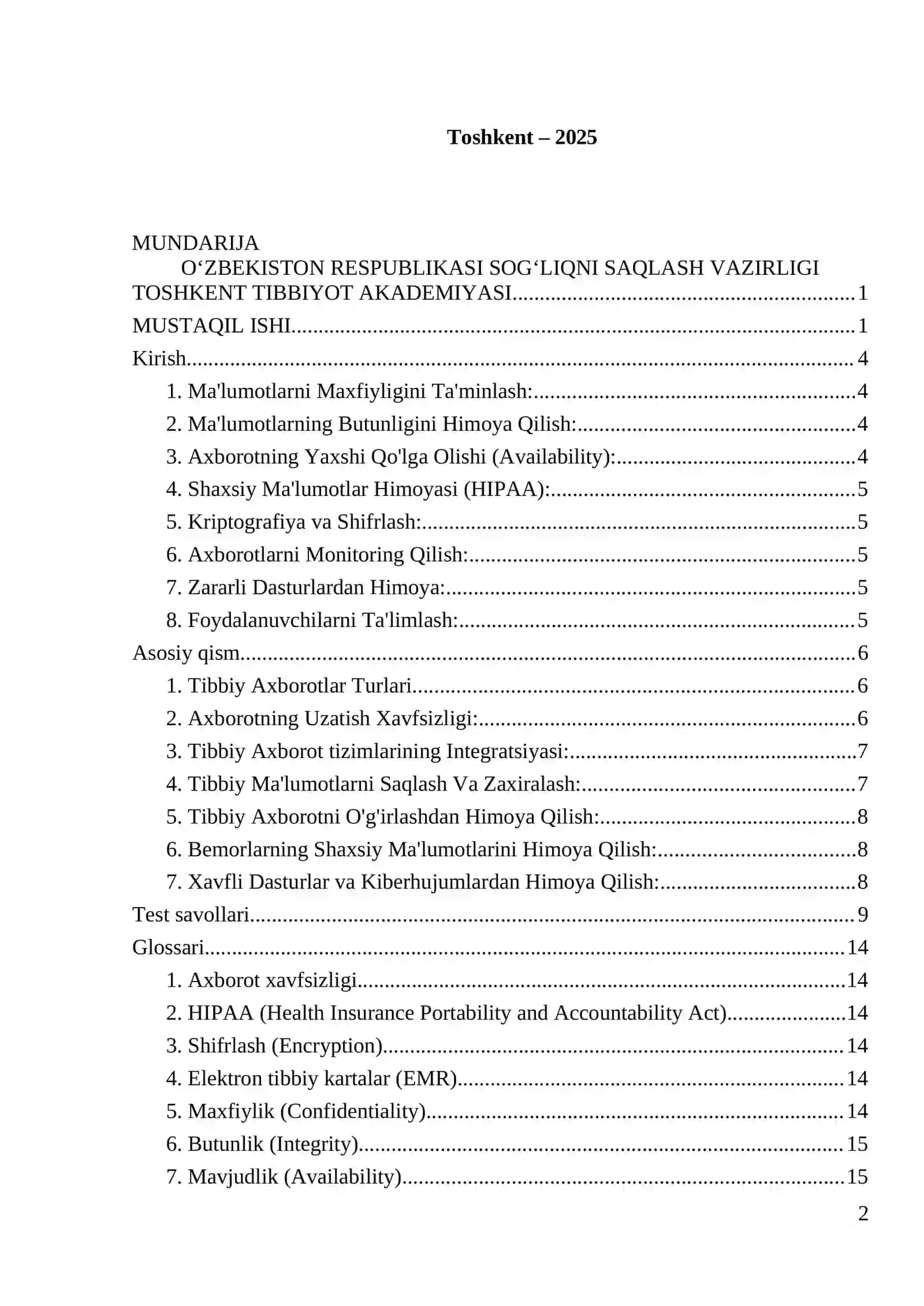Axborot havfsizligi. Tibbiyotda axborotlarni himoyalash 2