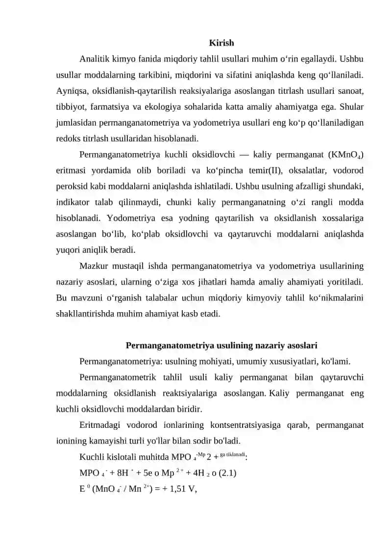 Permaganatometriya, yodometriya usullari 2