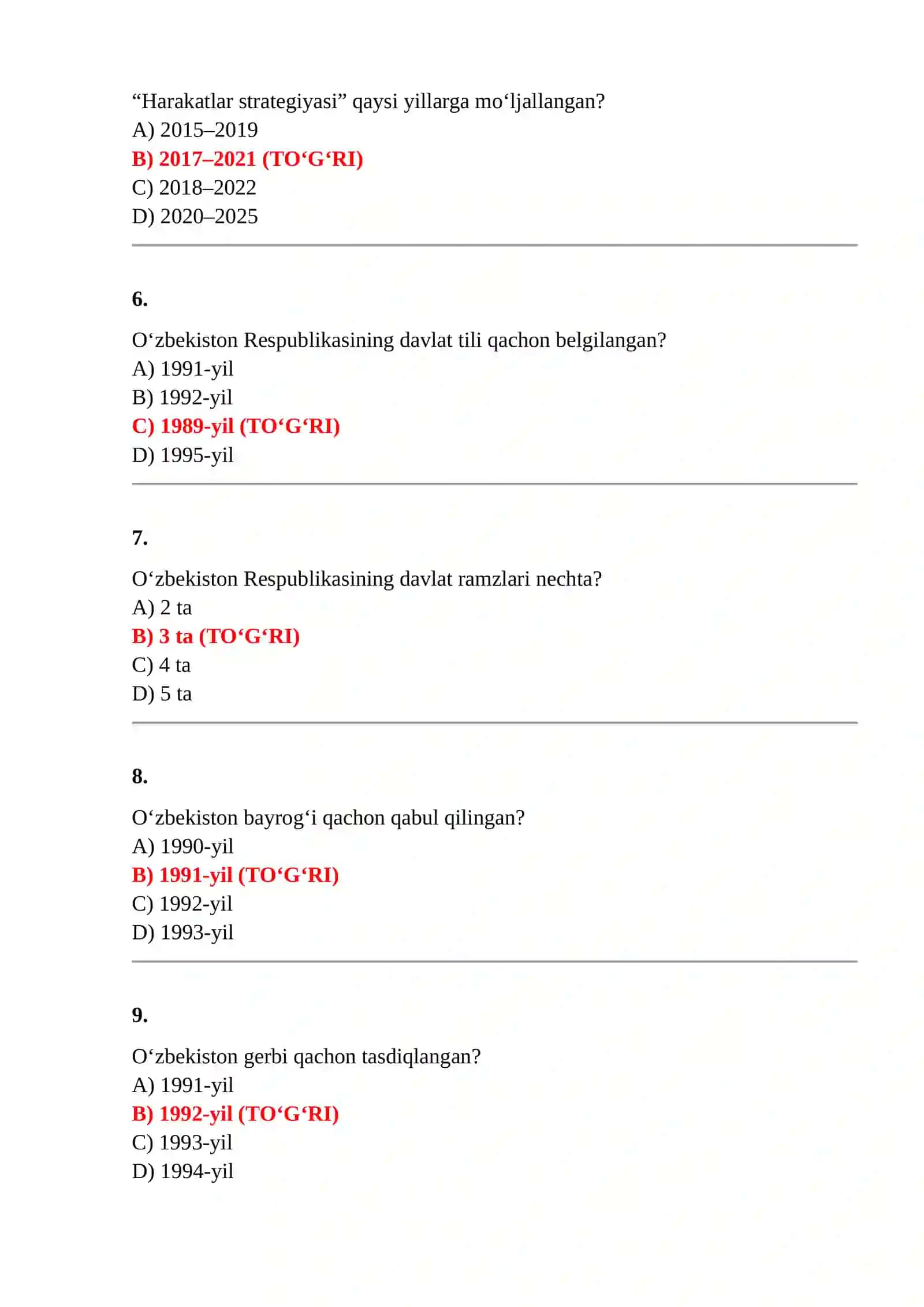 O‘ZBEKISTONNING ENG YANGI TARIXI FANIDAN 250 TA TESTLAR 2