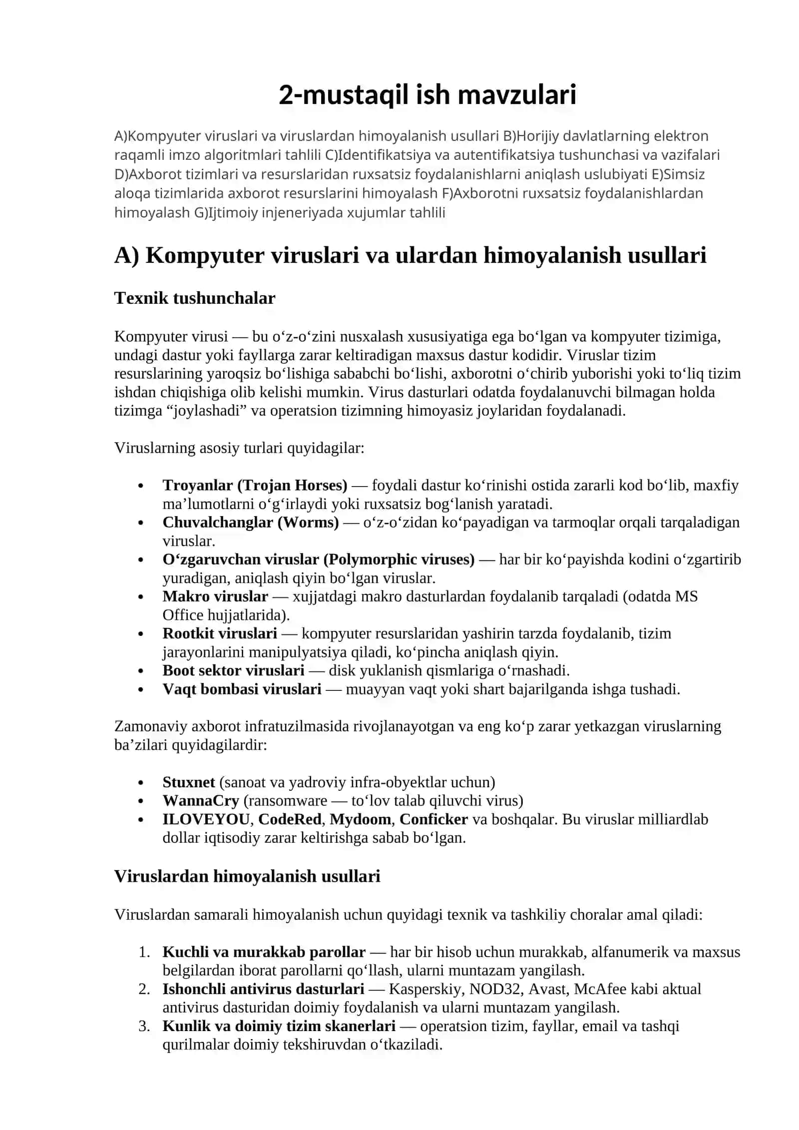 Kiberxavfsizlik asosolari fanidan 2-Mustaqil ish 2