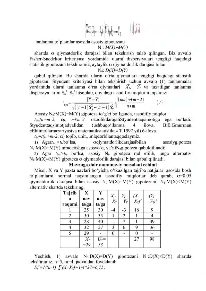 Stаtistik gipоtеzаlаrni tеkshirish. 2
