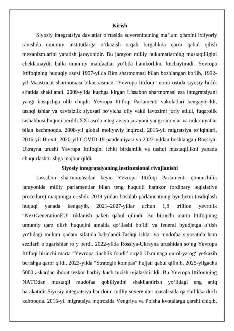 Yevropa Ittifoqining siyosiy integratsiya jarayoni 2