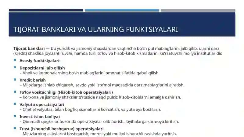 Tijorat banklari va ularning funktsiyalari 2