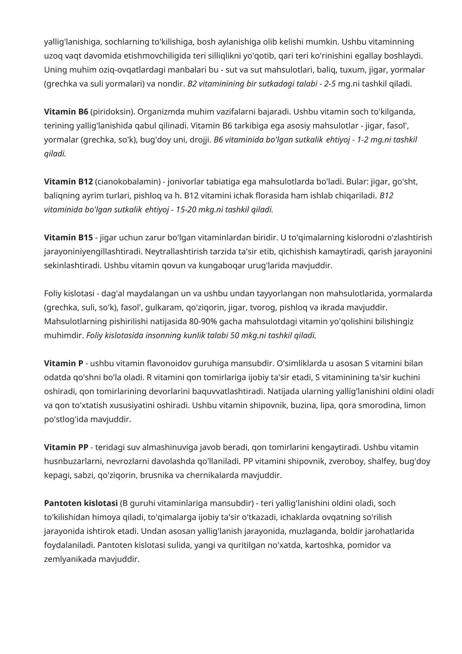 Vitaminlar: ularning mahsulotlardagi tarkibi va me’yori 2