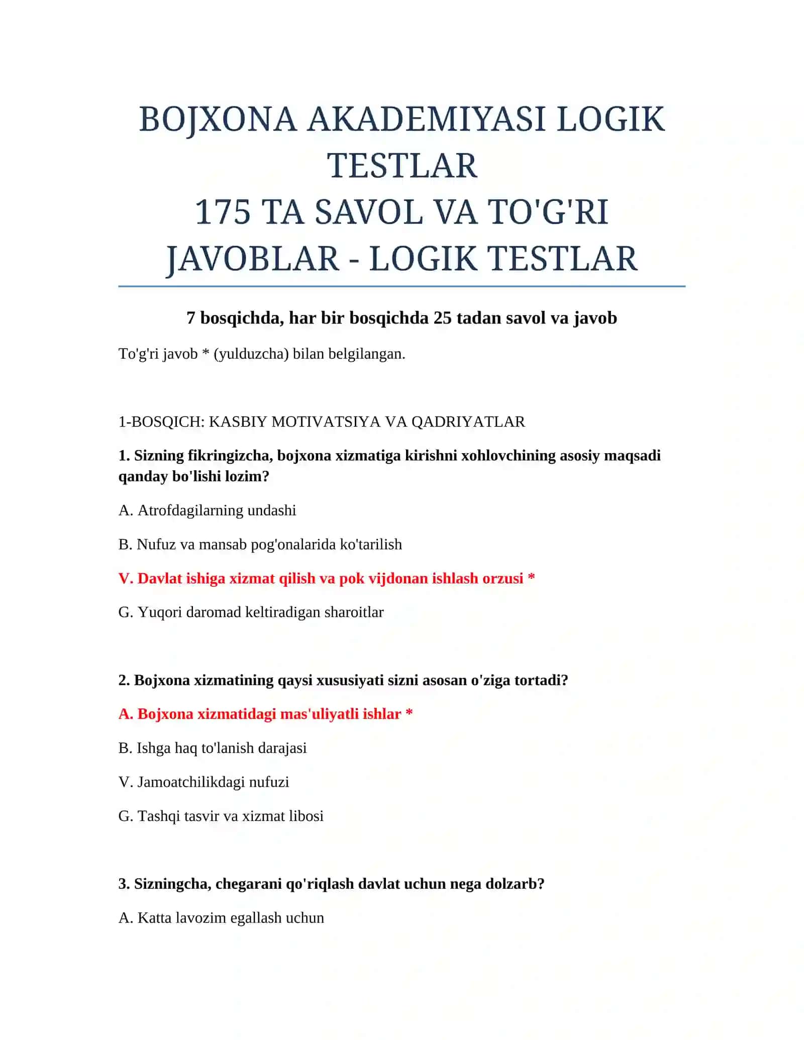 BOJXONA AKADEMIYASI LOGIK TESTLAR 2