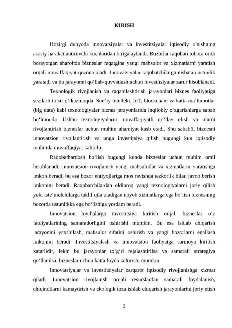 BIZNESNI INNOVATSION RIVOJLANTIRISH VA INVESTITSIYALASHNING NAZARIY ASOSLARI 2