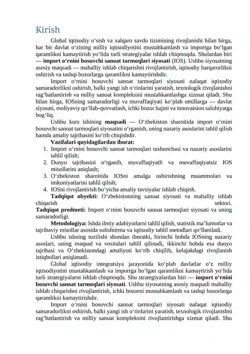 Import o‘rnini bosuvchi sanoat tarmoqlari siyosati 2