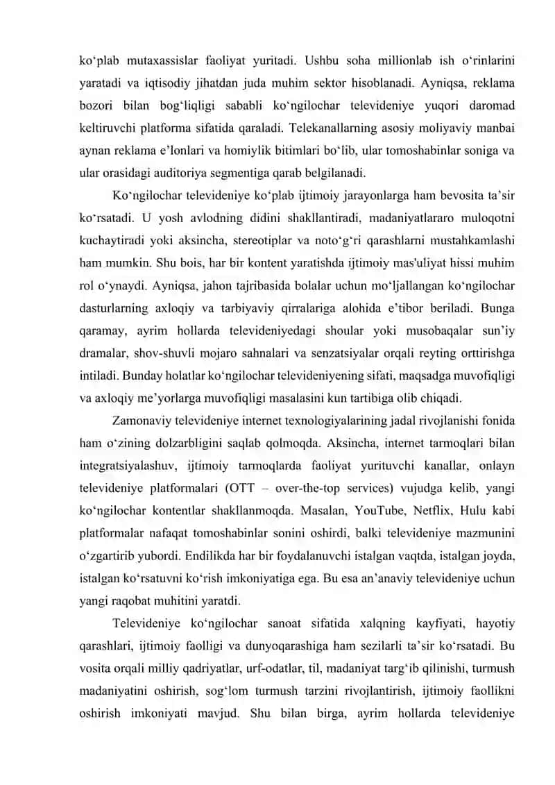 Televideniye ko‘ngilochar sanoat sifatida 2