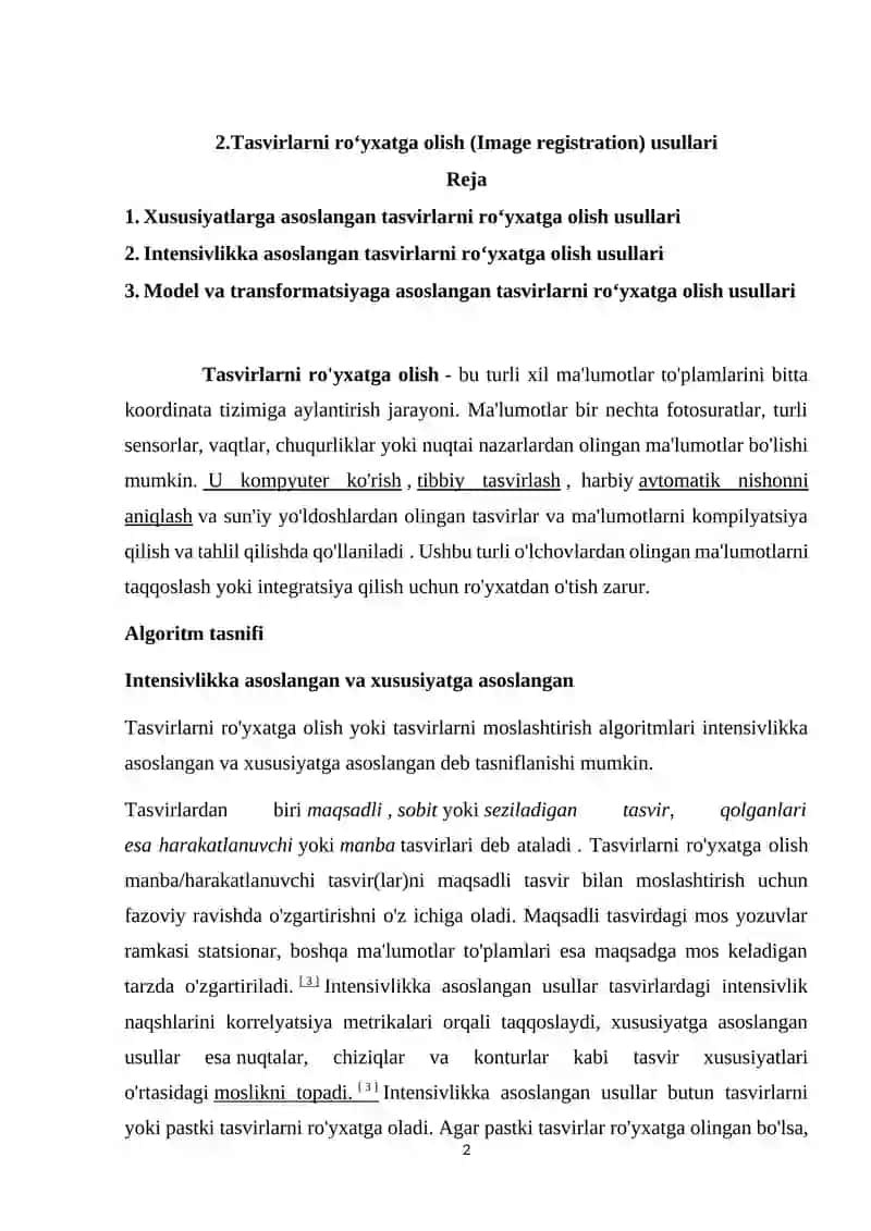 Tasvirlarni ro‘yxatga olish (Image registration) usullari 2