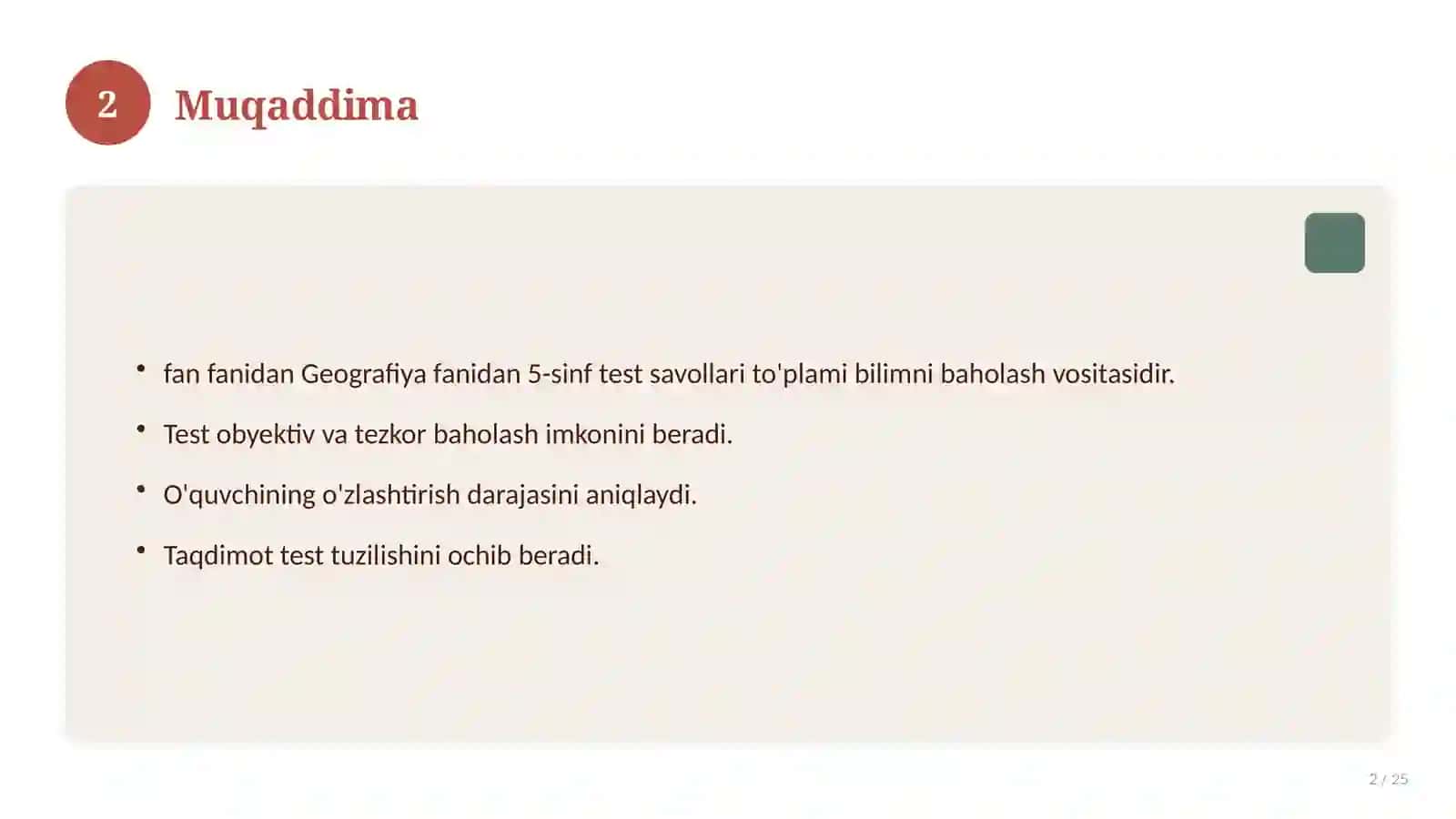 Geografiya fanidan 5-sinf test savollari to'plami 2