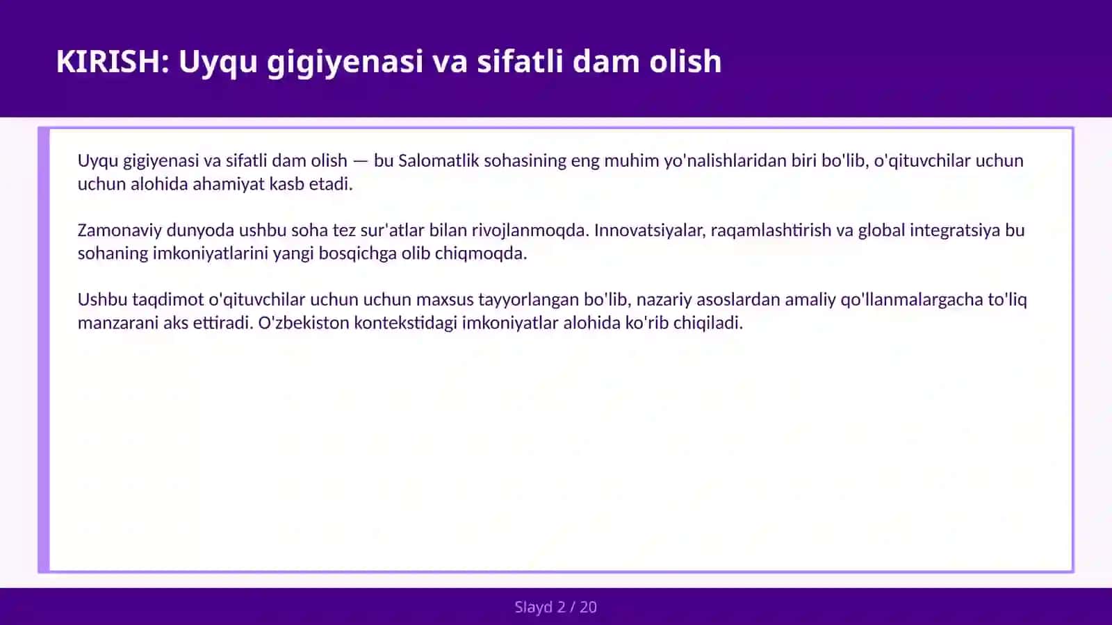 Uyqu gigiyenasi va sifatli dam olish 2
