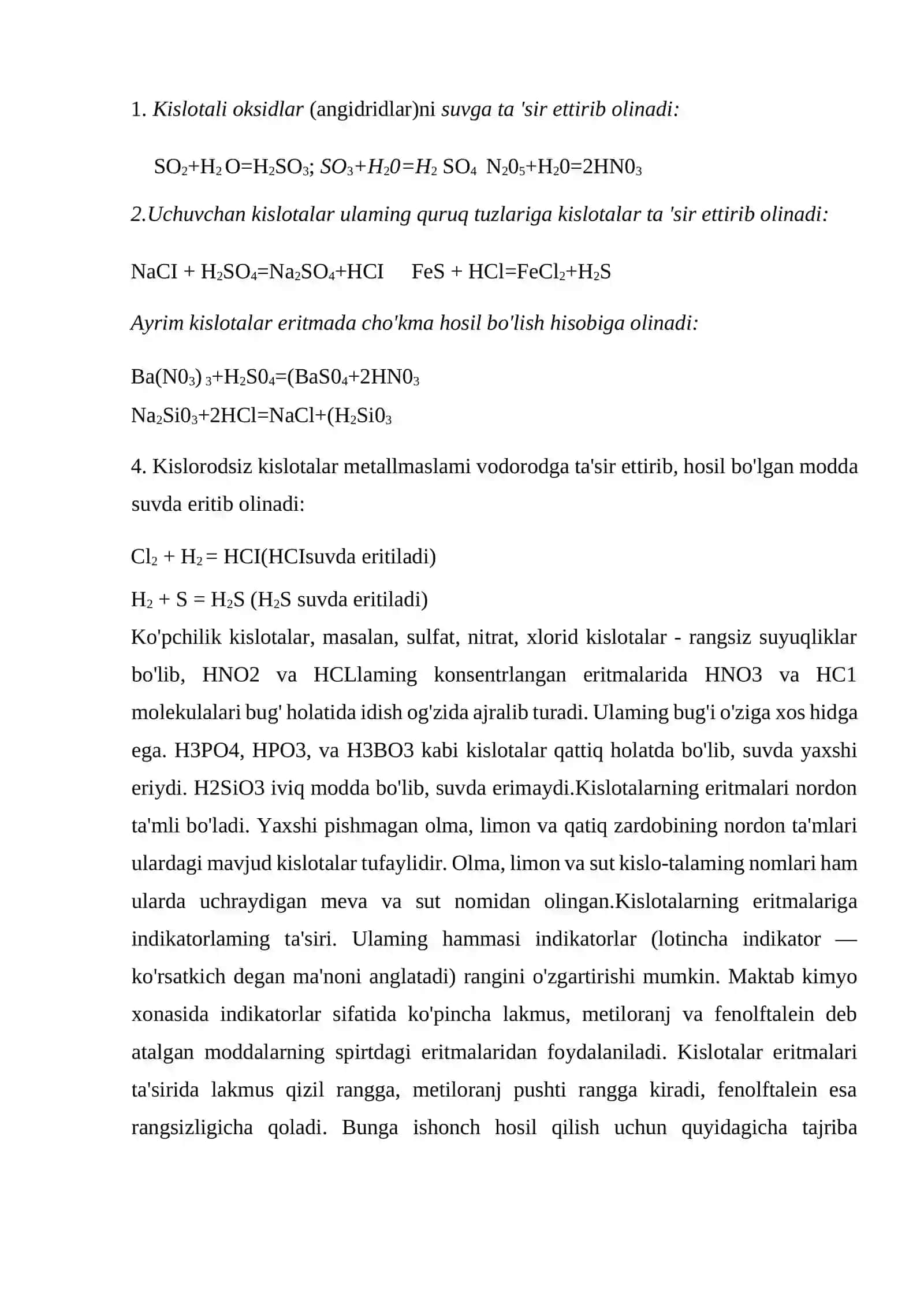 Kislotalarning olinishi, ishlatilishi va fizik va kimyoviy xossalari 2