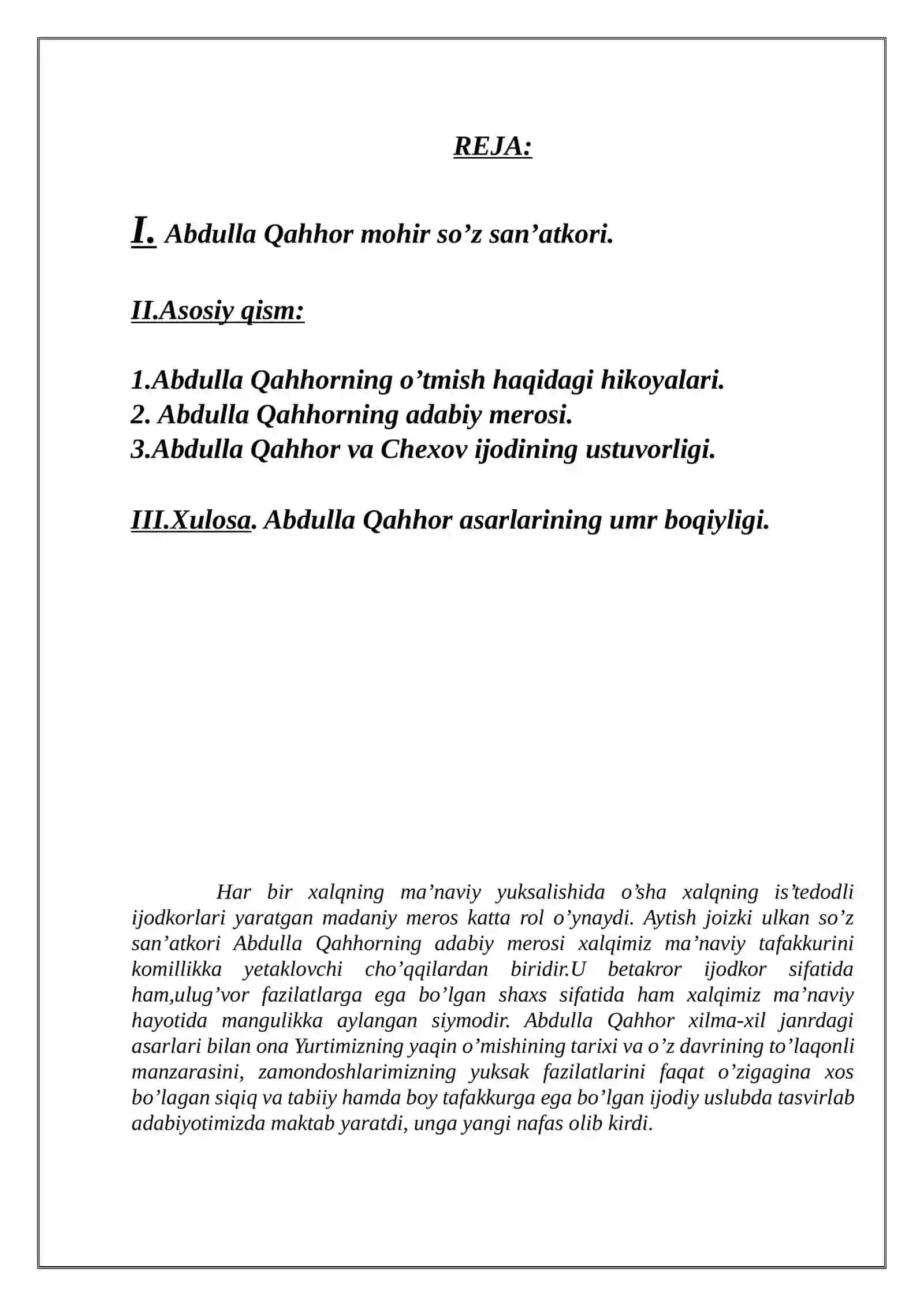 “ABDULLA QAHHOR-SO’Z USTASI” MAVZUSIDAGI KURS ISHI 2