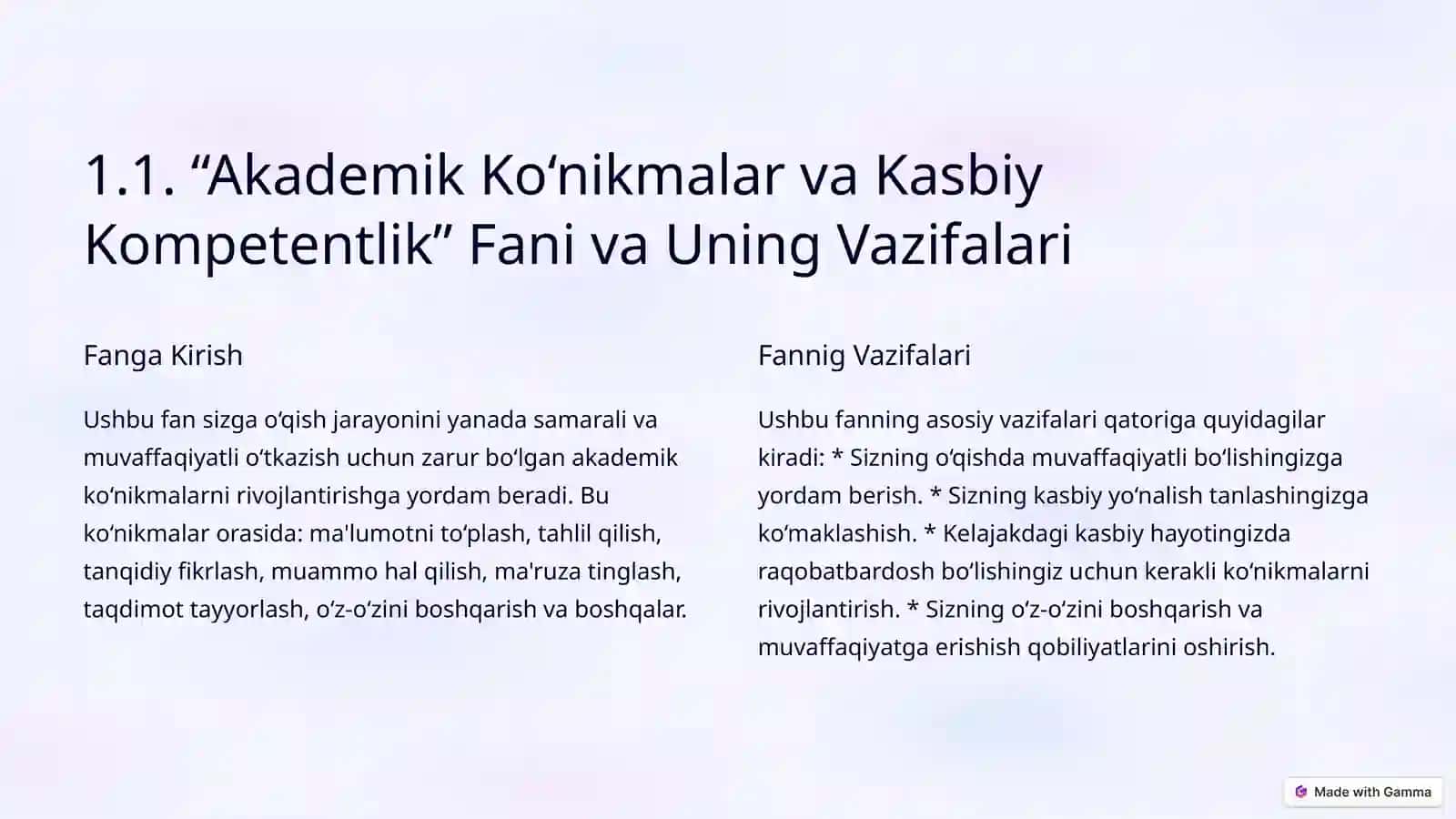 Akademik Ko‘nikmalar va Kasbiy Kompetentlik: Kirish 2