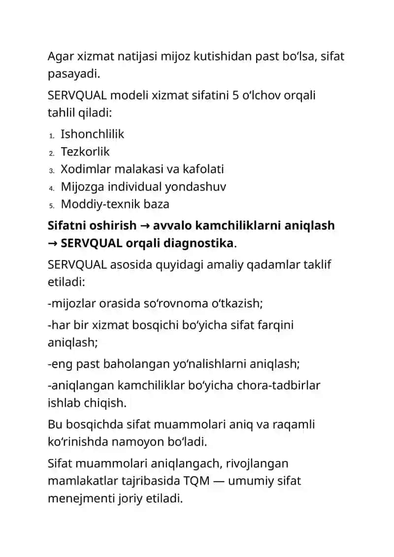 Xizmatlar sifatini oshirish imkoniyatlari 2