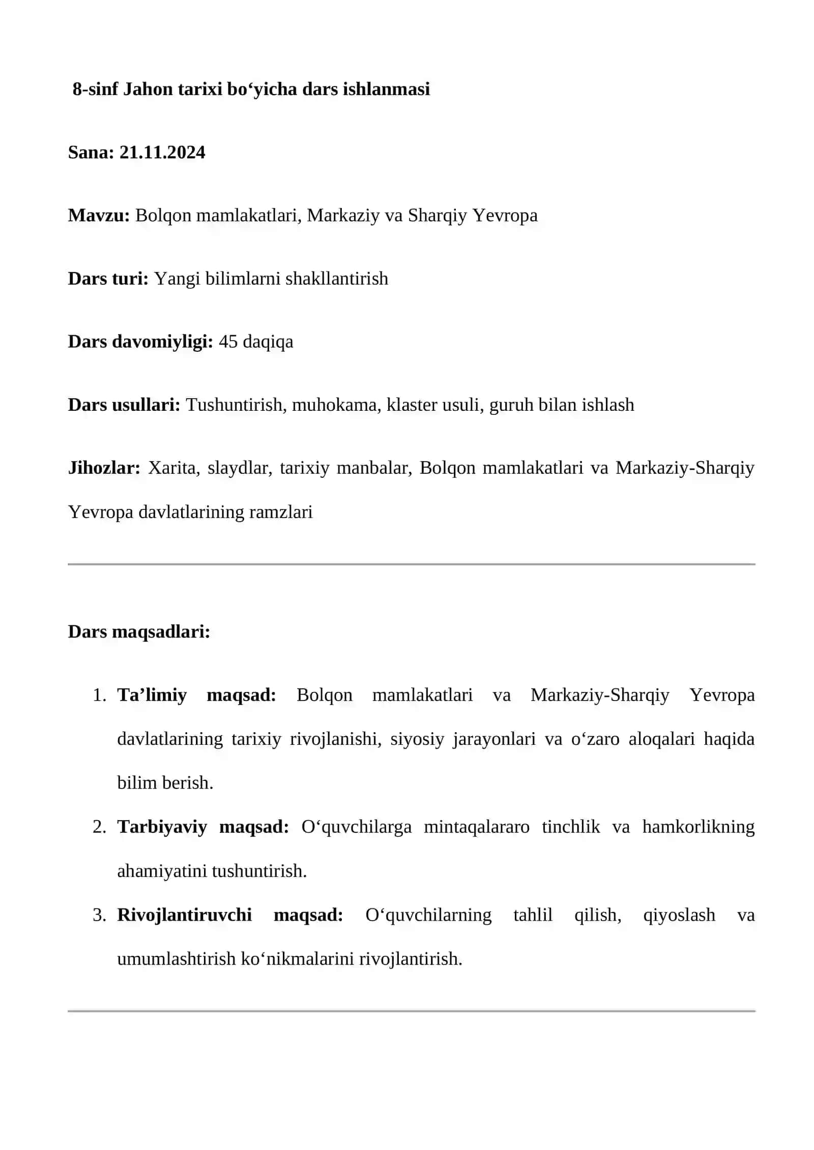 8-sinf Jahon tarixi bo‘yicha dars ishlanmasi 2